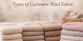 Types of Cashmere Wool Fabric: Complete Guide & Uses A warm, soft display of stacked cashmere blankets in cream, beige, and light pink tones with the title “Types of Cashmere Wool Fabric” at the top.