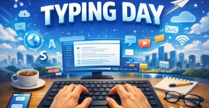 A person typing on a keyboard at a desk with a large monitor, coffee cup, notebook, glasses, and a smartphone. A vibrant blue graphic behind shows the words ‘Typing Day’ and various digital icons, suggesting online communication and coding