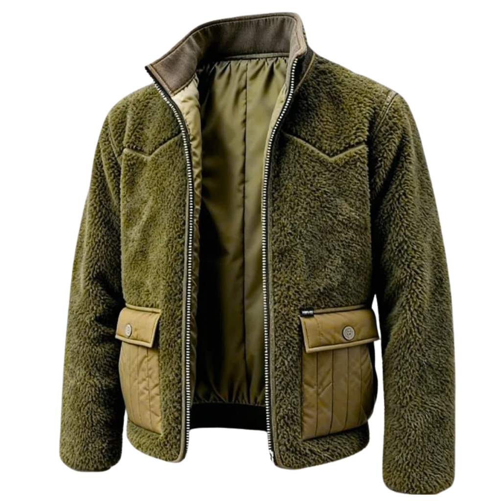 A green sherpa jacket with a warm, textured fleece exterior and tan quilted pockets. The jacket is open, showing a tan lining and a front zipper.