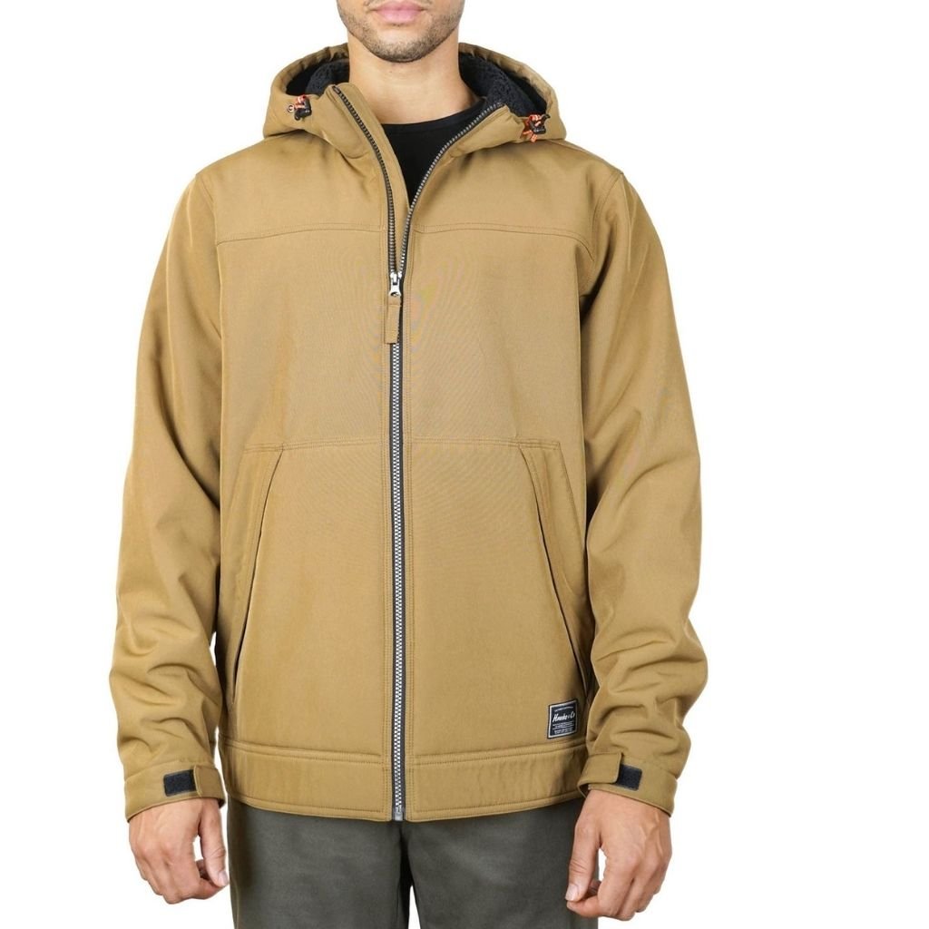 Hooded Shell Jacket for Men Lightweight Windproof & Stylish 5 A man wearing a tan hooded shell jacket with a front zipper, two front pockets, and a black fleece-lined hood.Hooded Shell Jacket for Men