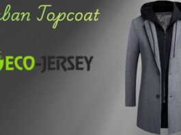 Urban Topcoat ad featuring a gray coat with a black hood, gray gradient background, and lime green 'Eco-Jersey' logo on the left. Urban Topcoat