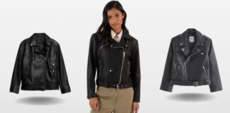 Vegan Leather Jacket for Women Stylish Sustainable Outerwear A collage of three black vegan leather jackets: a classic biker-style jacket on the left, a model wearing a cropped biker jacket in the center, and a long-line biker jacket with a belt on the right, all against a light gray background.