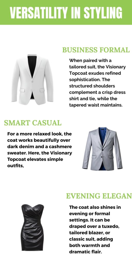 Infographic titled ‘Versatility in Styling’ showing three styling options: Business Formal with a white suit jacket image, Smart Casual with a grey suit jacket image, and Evening Elegant with a black dress image, plus descriptive text for each style.
