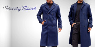 Visionary Topcoat: Elevate Your Style with Timeless Elegance Two men wearing long, dark blue double-breasted topcoats over black shirts and pants. The man on the left has his hand in his pocket. Visionary Topcoat
