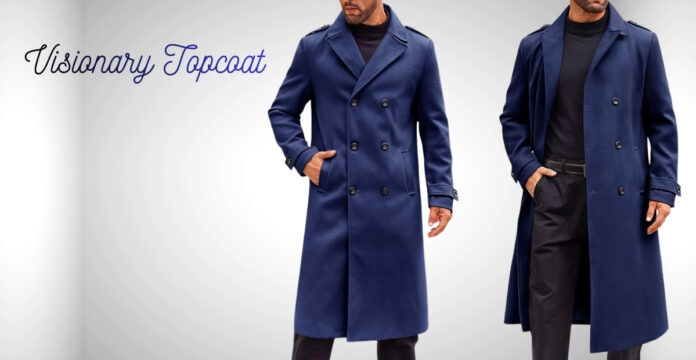 Two men wearing long, dark blue double-breasted topcoats over black shirts and pants. The man on the left has his hand in his pocket. Visionary Topcoat