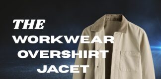 Workwear Overshirt Jacket: Built for Comfort and Durability A beige workwear overshirt/jacket with a pocket on the chest, set against a dark background.