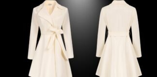 Wedding Topcoat: The Perfect Outerwear for a Stylish Groom A cream-colored belted coat dress shown from the front and back on a black gradient background. It features a wide lapel, long sleeves, a fabric belt tied at the waist, and a flared A-line skirt. Wedding Topcoat