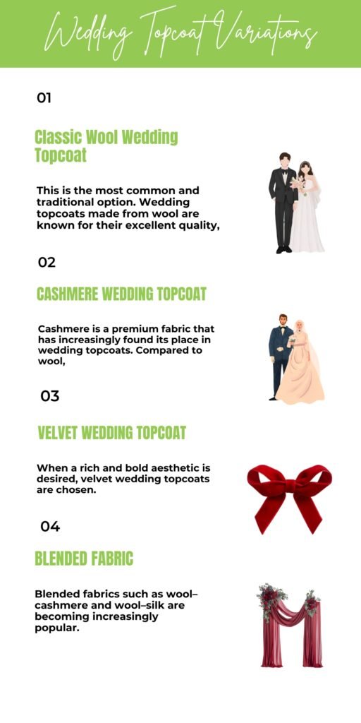 Wedding Topcoat: The Perfect Outerwear for a Stylish Groom 5 Infographic titled ‘Wedding Topcat Variations’ listing four wedding topcoat options with small illustrations: Classic Wool Wedding Topcoat, Cashmere Wedding Topcoat, Velvet Wedding Topcoat, and Blended Fabric, each with a short description and a small illustration.
