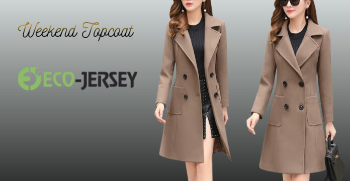 Two women wearing tan double-breasted wool coats, standing against a gradient gray background. The left model wears a black top and studded skirt; the right model carries a handbag. Text reads 'Weekend Topcoat' and 'Eco-Jersey' with a green circular logo. Weekend Topcoat