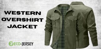 Western Overshirt Jacket: Classic Style Meets Modern Comfort Olive green western overshirt jacket with two chest pockets; layered over a plaid lining, displayed next to the text 'WESTERN OVERSHIRT JACKET' and the Eco-Jersey logo.
