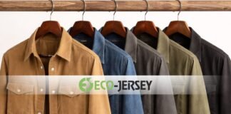 Western Overshirt Jacket: Classic Style Meets Modern Wear! A row of button-down shirts in earth tones and denim hanging on a rack with a translucent banner reading 'ECO-JERSEY' across the middle.