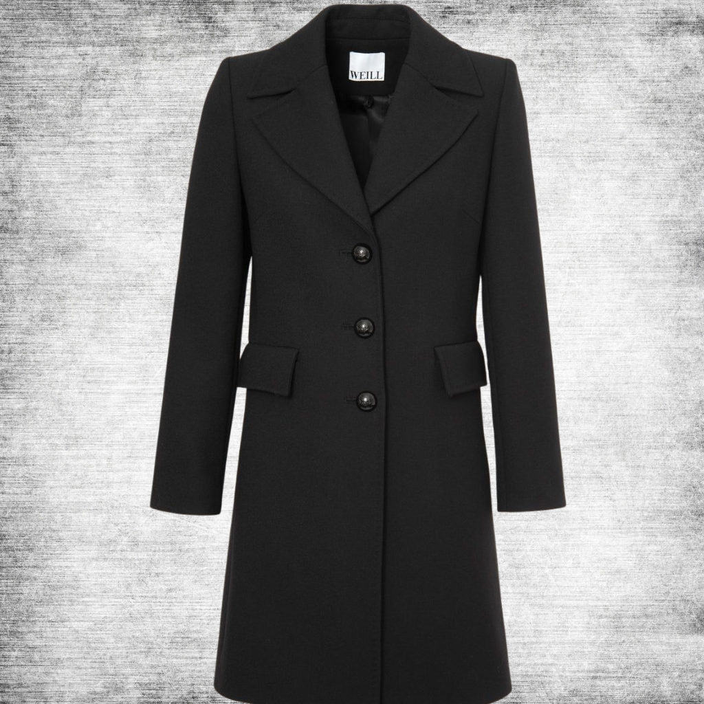 A long black wool coat with a notched collar and four buttons down the front, featuring two small flap pockets at the hips.