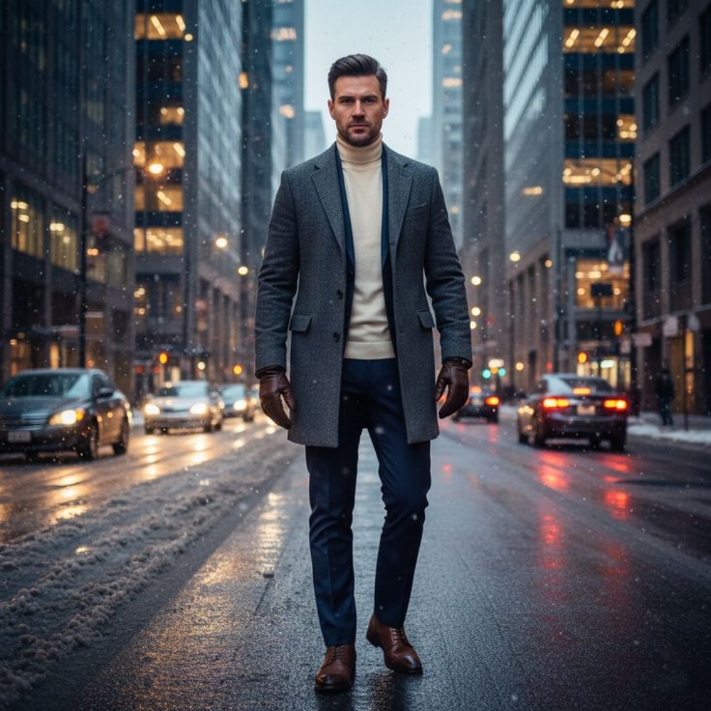 A well-dressed man walks confidently down a snowy city street in a gray overcoat, turtleneck sweater, navy trousers, brown gloves, and brown dress shoes, with tall buildings and blurred traffic in the background.