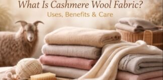 What Is Cashmere Wool Fabric? Uses, Benefits & Care A cozy display of stacked cashmere blankets in neutral tones with a soft-focus sheep in the background; a ball of twine, a wooden brush, and a wool basket are in the foreground. What is cashmere wool fabric?
