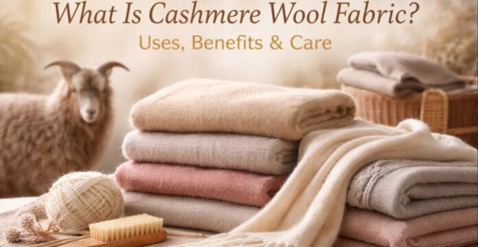 A cozy display of stacked cashmere blankets in neutral tones with a soft-focus sheep in the background; a ball of twine, a wooden brush, and a wool basket are in the foreground. What is cashmere wool fabric?