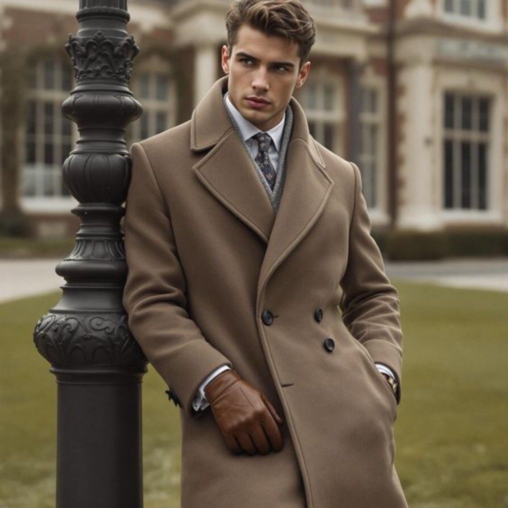 A stylish man stands outdoors, leaning against a decorative lamppost. He wears a long tan overcoat, a dress shirt with a patterned tie, and brown leather gloves, posing against a blurred, elegant campus-like backdrop.