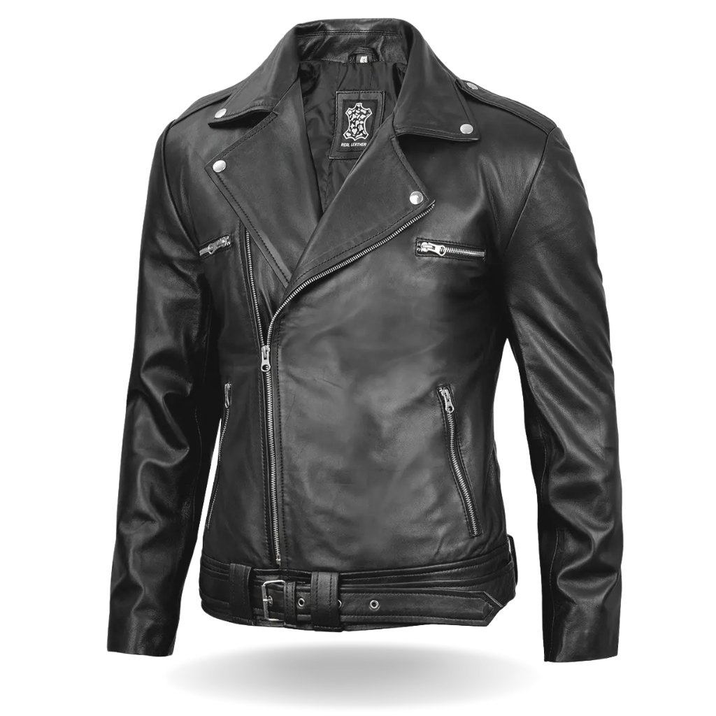 A black leather biker jacket with silver zippers and a belt, shown on a white background.