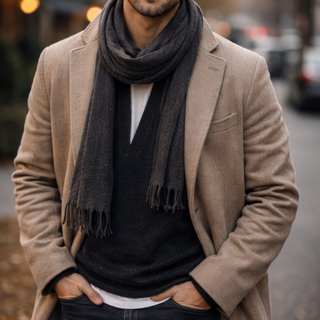 Metaverse Topcoat Explained: Style, Comfort, and Innovation. 5 A man stands outdoors in a stylish winter outfit, wearing a tan overcoat, a dark gray scarf, a black V-neck sweater over a white shirt, and dark jeans. His hands are in his pockets, with an urban street scene blurred in the background.