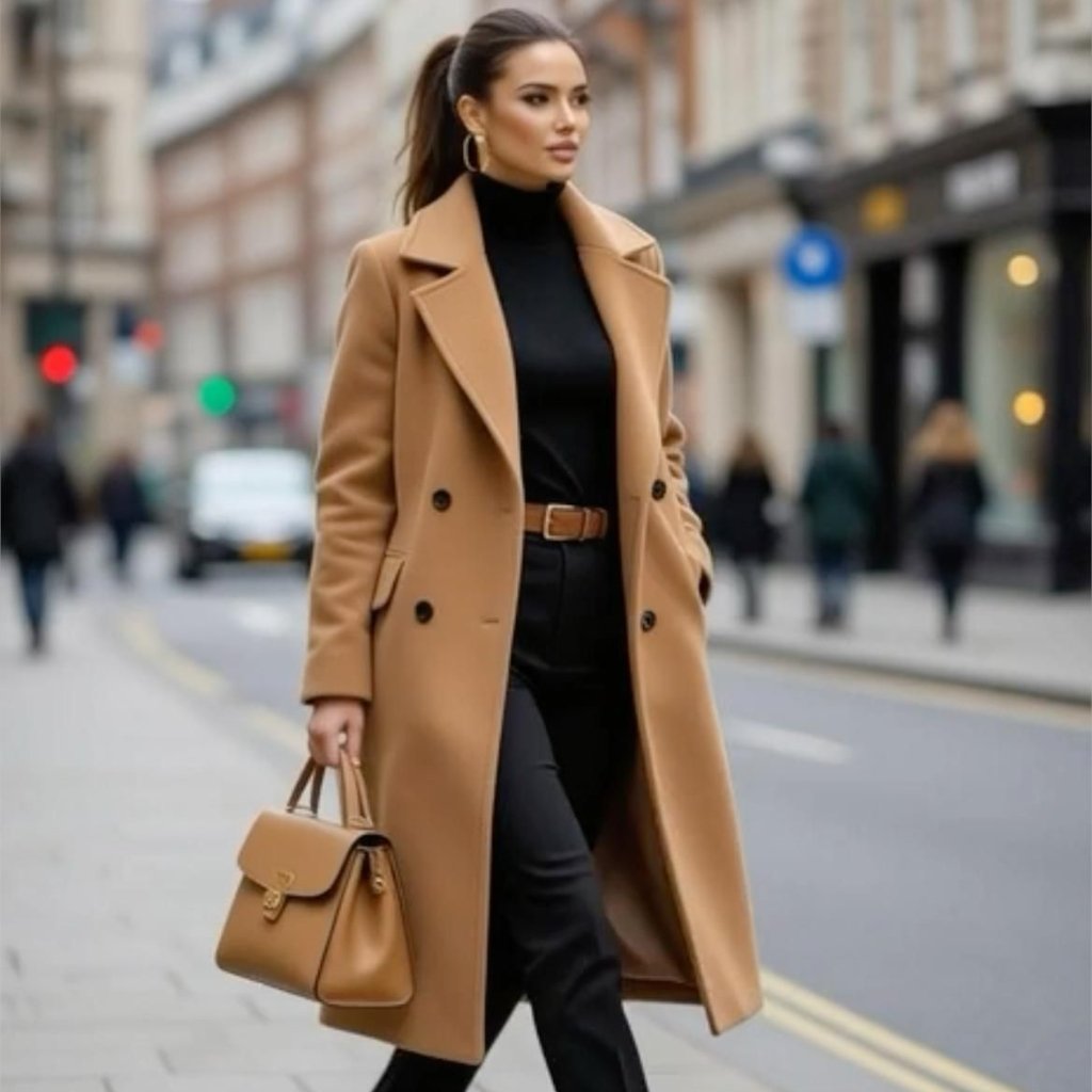 Raglan Topcoat The Ultimate Guide to Timeles Outerwear Style 4 A stylish woman walks on a city street wearing a camel coat, black turtleneck, and black pants, carrying a matching camel handbag.
