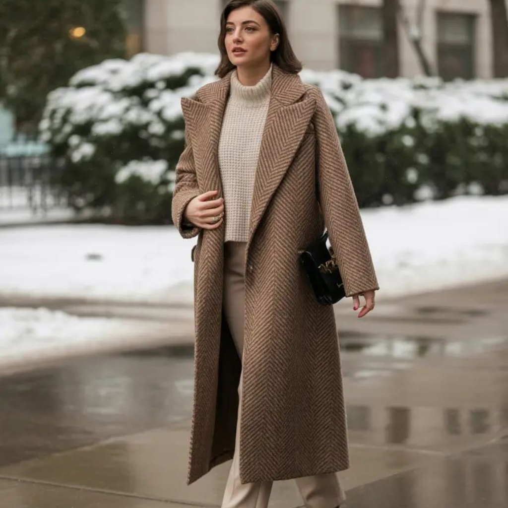 Short Topcoat Stylish Versatile Outerwear for Every Occasion 4 A stylish woman walks outdoors in winter, wearing a long camel herringbone coat over a cream turtleneck sweater and beige pants, carrying a small black handbag.