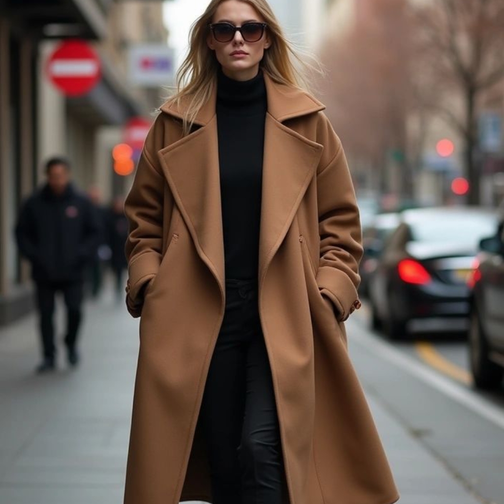 A stylish woman walks down a city sidewalk wearing a long camel coat over a black turtleneck and black pants, with oversized sunglasses.