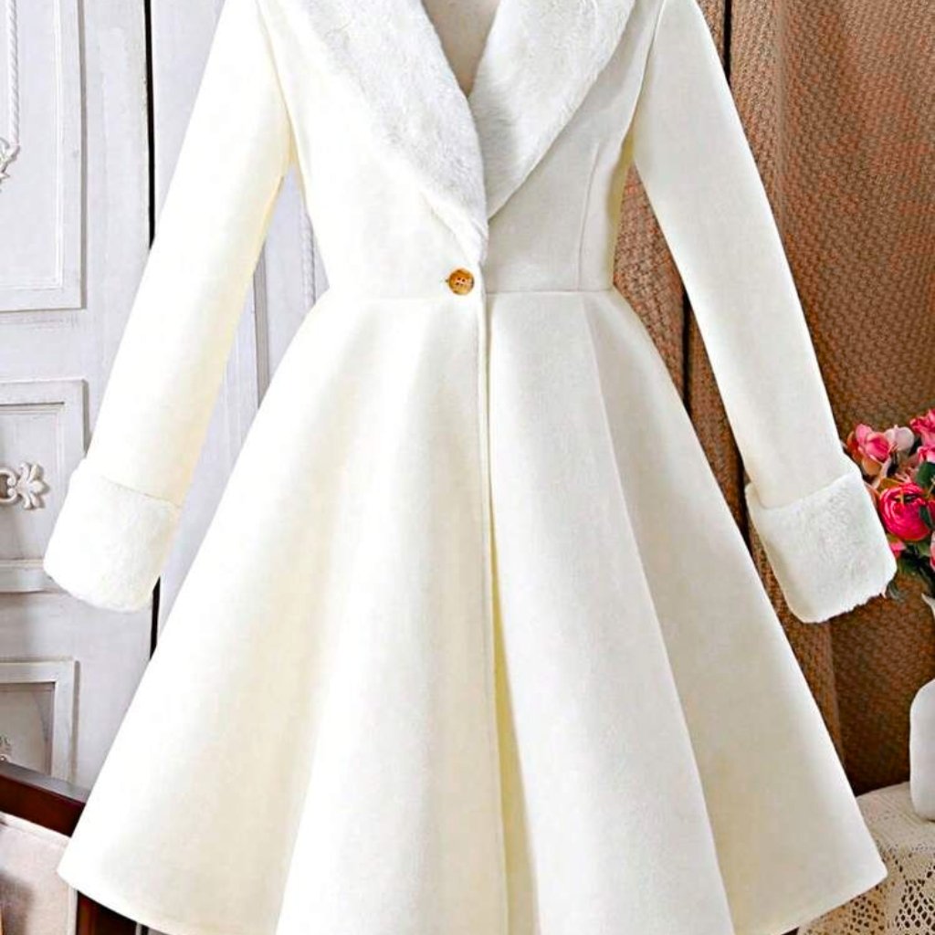 Wedding Topcoat: The Perfect Outerwear for a Stylish Groom 4 A stylish white coat with a single brown button, fitted waist, flared skirt, and plush fur cuffs on the sleeves.