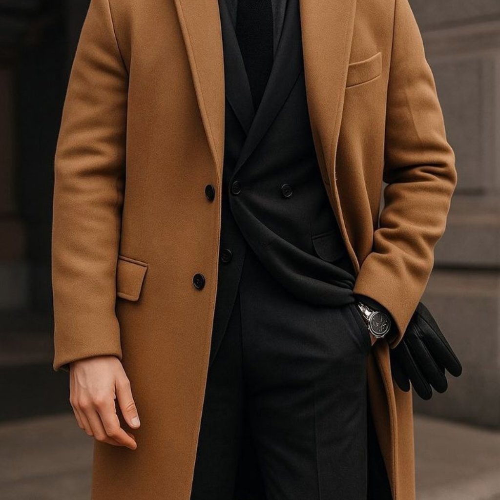  person standing outdoors wearing a long camel coat over a black suit. Their left hand rests in a pocket while their right hand, gloved in black, slides into coat sleeve. A silver watch peeks from under the coat sleeve.