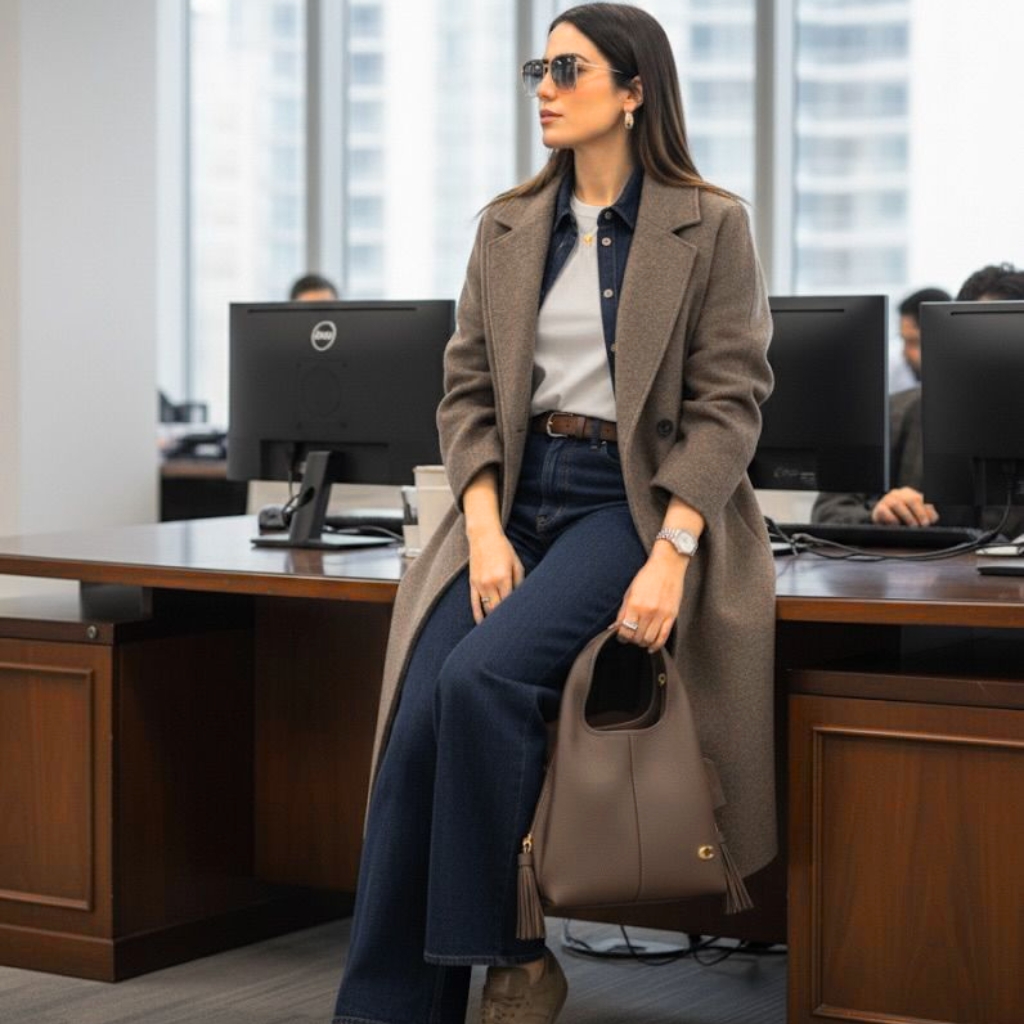 A stylish woman sits on the edge of a wooden desk in a modern office, wearing a long tan coat, dark blue denim, sunglasses, and holding a taupe handbag.