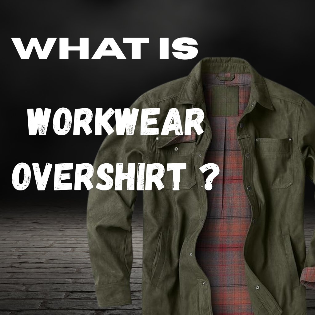 A dark background with an olive green jacket draped over a plaid shirt; large white text asks, 'What is workwear overshirt?'