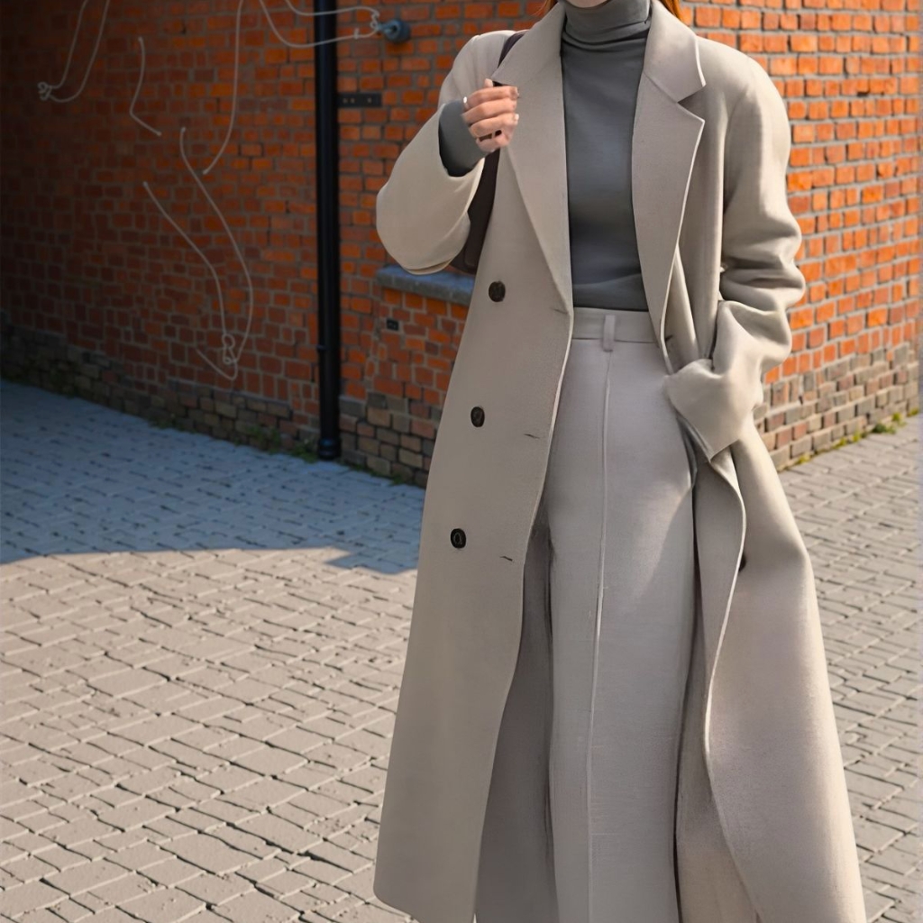 A person wearing a chic, oversized beige trench coat over a high-neck gray top and matching wide-leg pants, standing on a cobblestone street with a brick wall in the background. The coat is buttoned on the left side, and the person has one hand raised near their chest.