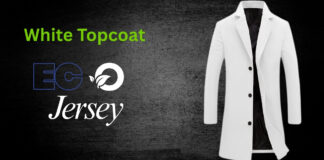 White Topcoat Elegant Style Timeles Comfort & Modern Fashion A white mid-length blazer or coat displayed on the right against a dark textured background. On the left, large green text reads “White Topcoat,” with logos and the word “Jersey” below in white script. White Topcoat