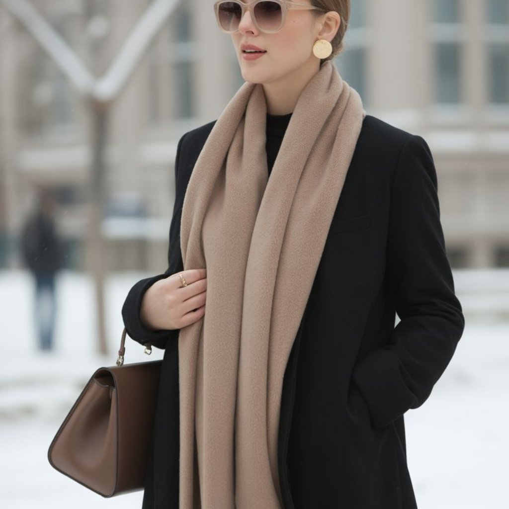 A stylish woman walking outdoors in winter, wearing a black coat, a large beige scarf, beige oversized earrings, sunglasses, and carrying a brown handbag.