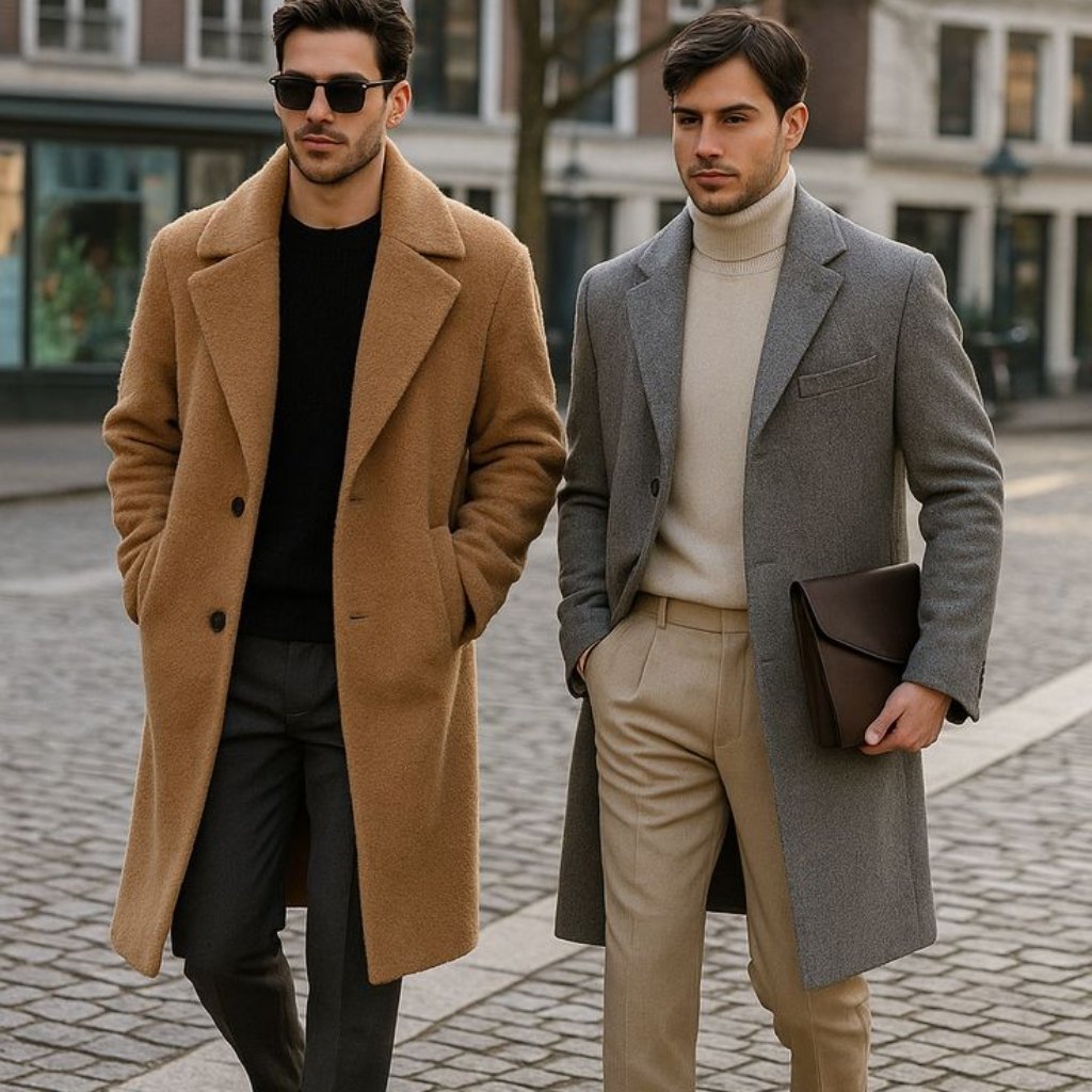Groom’s Topcoat Stylish Outerwear Ideas for Your Wedding Day 4 Two men walking on a cobblestone street wearing stylish long coats—one in camel, the other in gray—with neutral-toned outfits.
