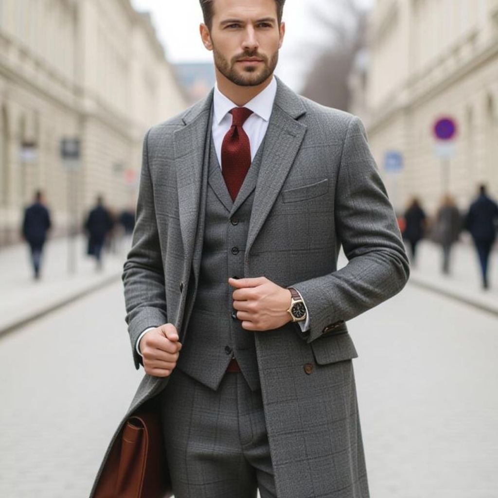 Metaverse Topcoat Explained: Style, Comfort, and Innovation. 7 A man wearing a gray plaid three-piece suit with a vest and matching overcoat stands on a city street, holding a brown leather briefcase. He wears a white shirt, red tie, and a watch on his left wrist, with blurred pedestrians in the background.
