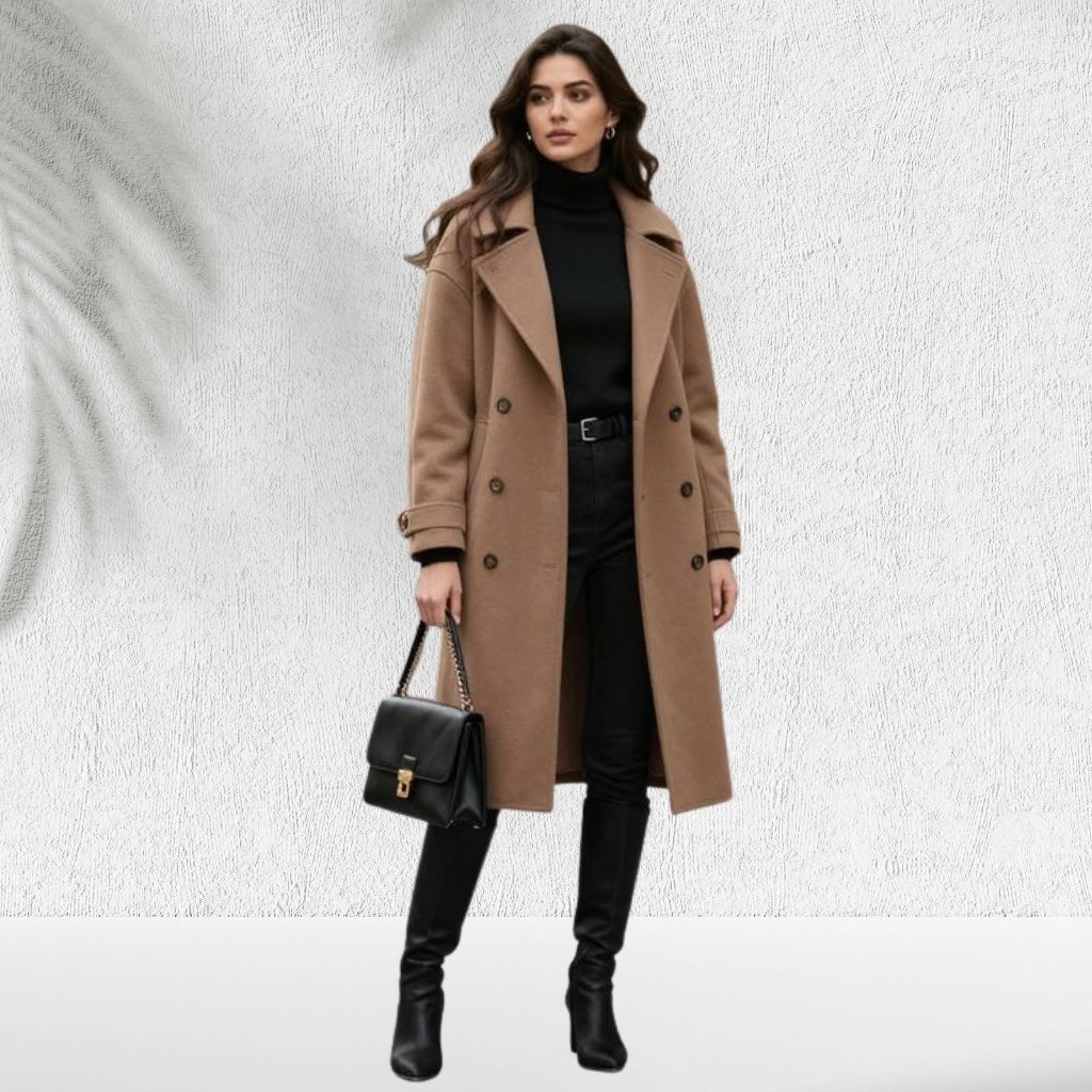 Paletot Topcoat The Timeless Overcoat Every Gentleman Needs 4 A woman wearing a camel-colored knee-length double-breasted coat over a black turtleneck and black pants, paired with knee-high black boots and a black handbag with a gold clasp.
