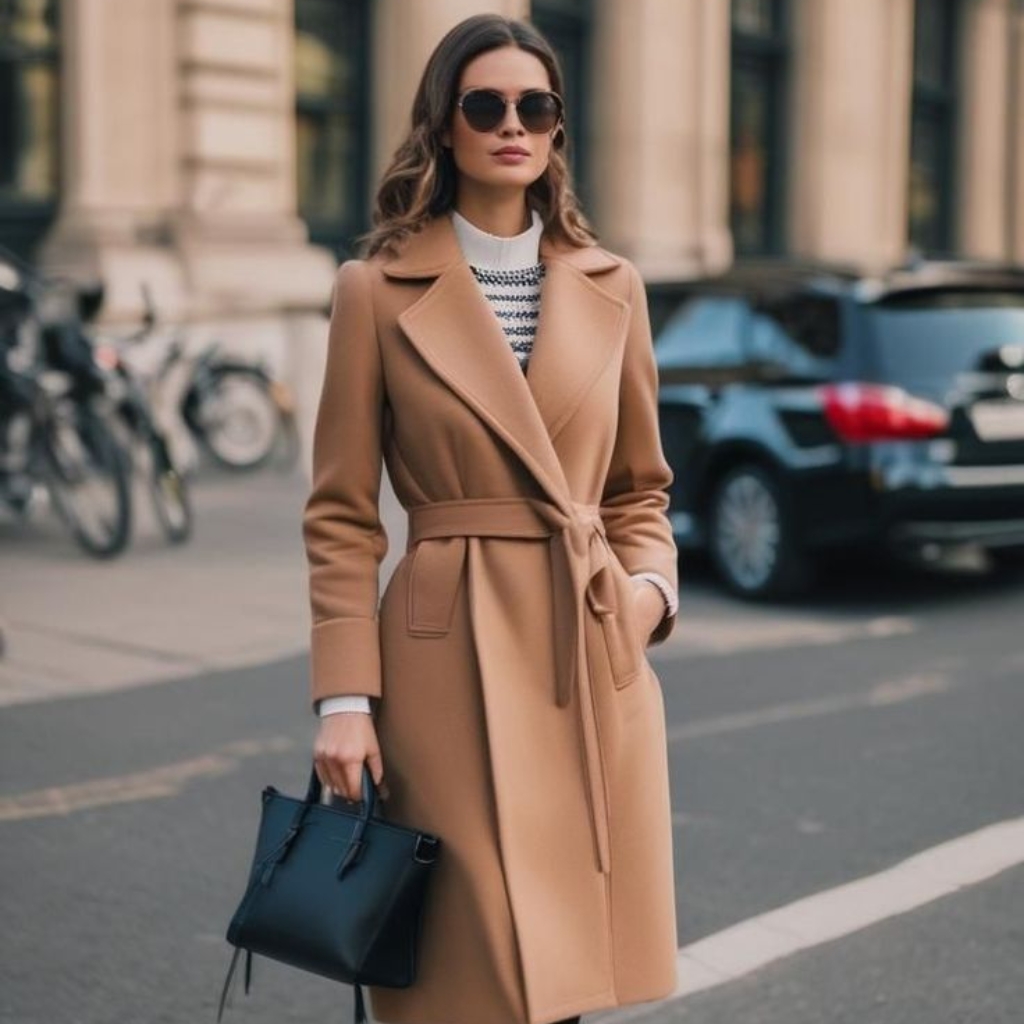 A stylish woman stands on a city street wearing a tan wrap coat over a white patterned sweater, dark sunglasses, and carrying a black handbag. Urban buildings, a parked car, and bicycles are in the background.