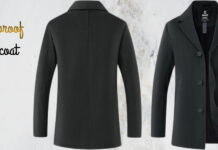 Windproof Topcoat Style Warmth & Everyday Weather Protection Black windproof topcoat shown from the back and front views. The coat has a simple, tailored silhouette with a notched collar and front button closure. Windproof Topcoat