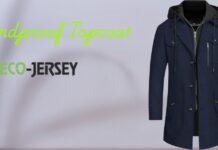 Windproof Topcoat: Stylish Protection for Cold Weather Today Navy windproof topcoat with a black hooded inner layer, displayed beside the ECO-JERSEY logo and lime green text that reads 'Windproof Topcoat'. Windproof Topcoat
