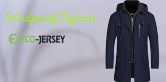 Windproof Topcoat: Stylish Protection for Cold Weather Today Navy windproof topcoat with a black hooded inner layer, displayed beside the ECO-JERSEY logo and lime green text that reads 'Windproof Topcoat'. Windproof Topcoat