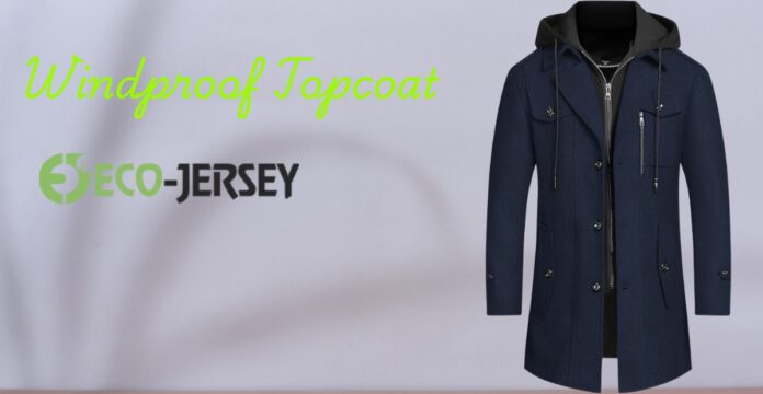 Navy windproof topcoat with a black hooded inner layer, displayed beside the ECO-JERSEY logo and lime green text that reads 'Windproof Topcoat'. Windproof Topcoat