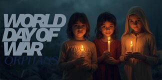 World Day of War Orphans: Why This International Day Matters A dramatic banner for World Day of War Orphans showing three children standing at night, each holding a lit candle. The large light blue text “WORLD DAY OF WAR ORPHANS” overlays the left side, with a somber, hopeful mood.