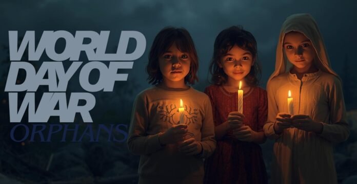 A dramatic banner for World Day of War Orphans showing three children standing at night, each holding a lit candle. The large light blue text “WORLD DAY OF WAR ORPHANS” overlays the left side, with a somber, hopeful mood.
