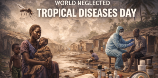 World Neglected Tropical Diseases Day: Awareness & Action A village scene focused on health and disease awareness: a mother holding a baby with a young child beside her, a large mosquito hovering near the upper left, and a healthcare worker in protective gear examining an older man on the right. Simple huts and dirt paths fill the background, with a silhouette of the African continent in the sky.