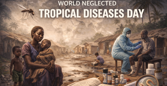 A village scene focused on health and disease awareness: a mother holding a baby with a young child beside her, a large mosquito hovering near the upper left, and a healthcare worker in protective gear examining an older man on the right. Simple huts and dirt paths fill the background, with a silhouette of the African continent in the sky.
