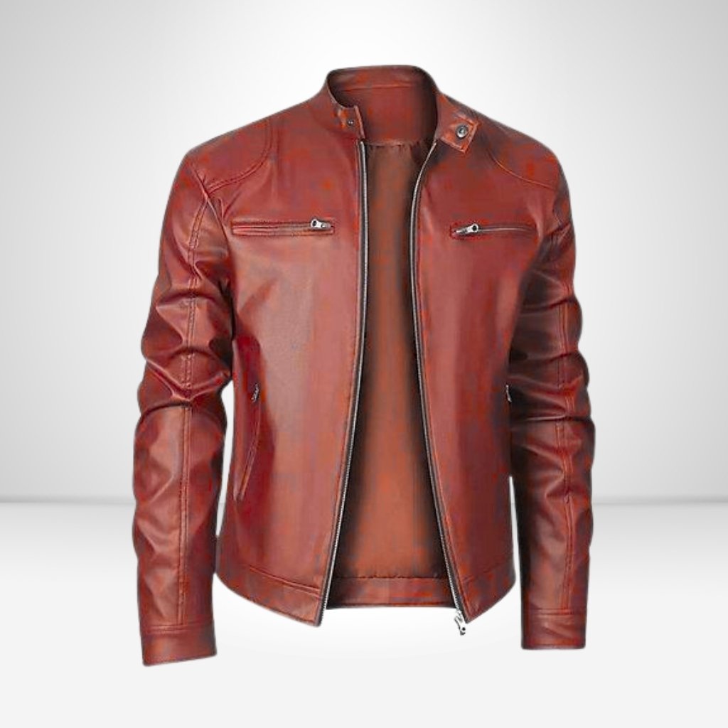 Navy Leather Jacket: Timeless Style, Modern Confidence & Everyday 7 Close-up image of a navy leather jacket with a front zipper, standing collar, and two zippered chest pockets, shown on a neutral gray background.