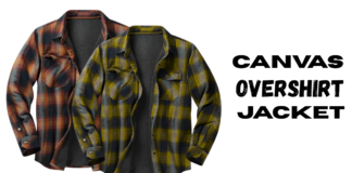 Canvas Overshirt Jacket: Durable Style for Everyday Wear Two plaid overshirt jackets displayed side by side, one in orange and brown tones and the other in yellow and gray tones, with a plain white background and the text ‘CANVAS OVERSHIRT JACKET’ on the right.