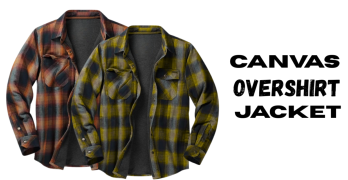 Two plaid overshirt jackets displayed side by side, one in orange and brown tones and the other in yellow and gray tones, with a plain white background and the text ‘CANVAS OVERSHIRT JACKET’ on the right.