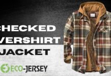 Checked Overshirt Jacket: Timeless Style for Everyday Wear A checked overshirt jacket displayed on the right with a plaid pattern and tan lining. The left side shows large white text reading “CHECKED OVERSHIRT JACKET” on a black/gray background, with a green Eco-Jersey logo at the bottom.
