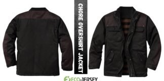 Chore Overshirt Jacket: Timeless Workwear Style Guide 2026! Two-tone black and dark brown jacket shown from the back and front; insulated outerwear with multiple pockets, zip front, and a striped inner lining.