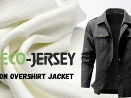 Mockup of a black cotton overshirt jacket displayed beside soft white fabric; Eco-Jersey branding text visible.